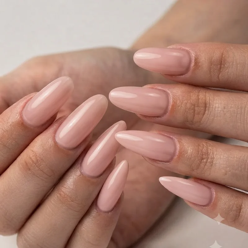 This round and squoval natural nail manicure in short to medium length is styled as a durable everyday nail shape choice