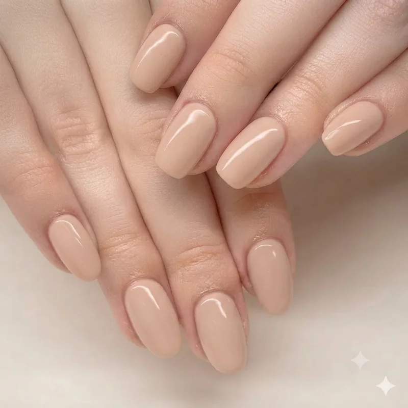 This short squoval and round everyday manicure on hands typing is shown as a durable practical lifestyle nail shape pick