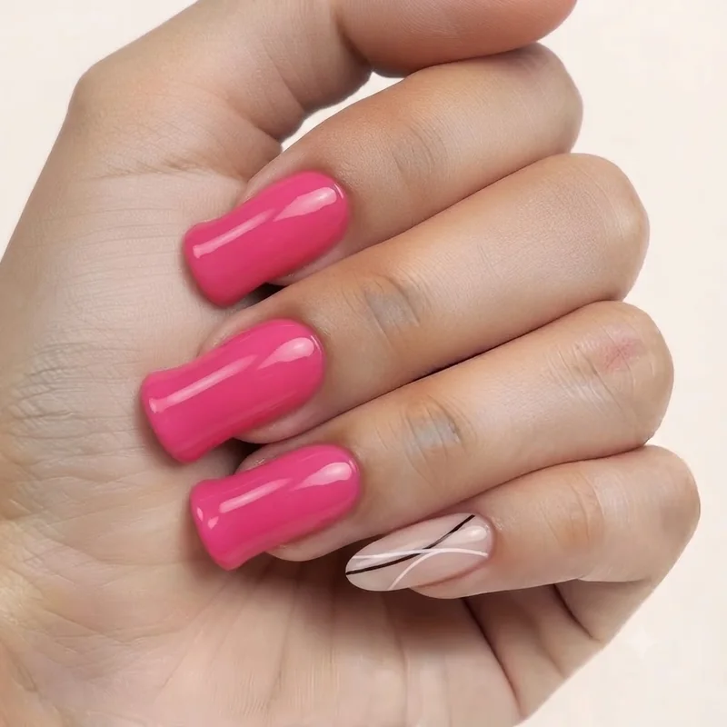 Short duck nail set in pastel minimal colours proving the flared shape works at shorter lengths