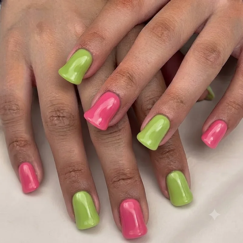 Nail set contrasting a subtle flare shape against a more dramatic duck nail flare intensity