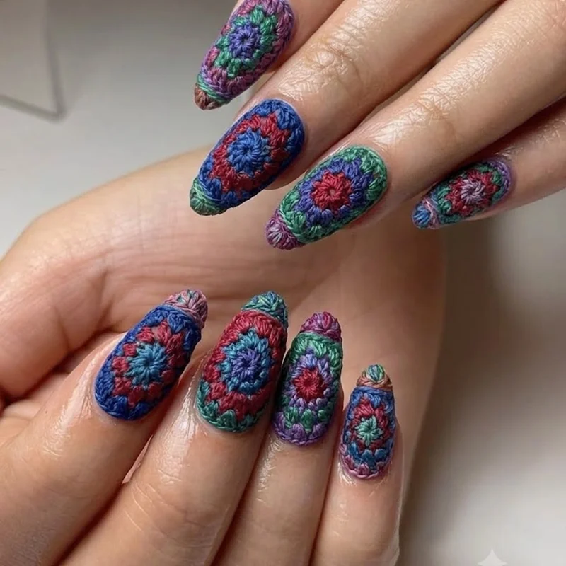 Crochet textured nail art with raised gel piping and velvet matte topcoat finish