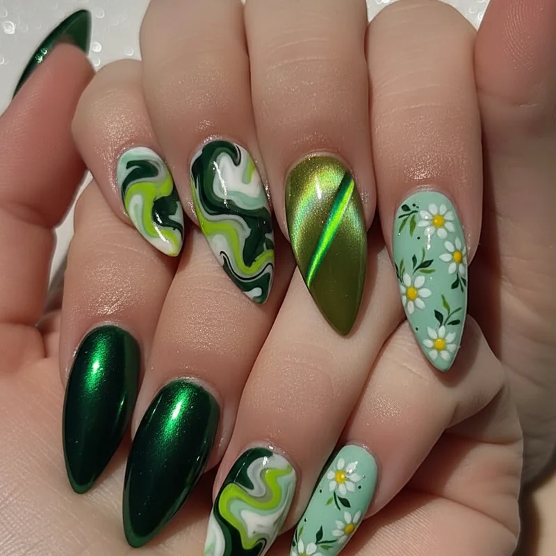 Green nail art ideas 2026 showing chrome emerald marble cat eye and botanical floral techniques on various nail lengths and finishes