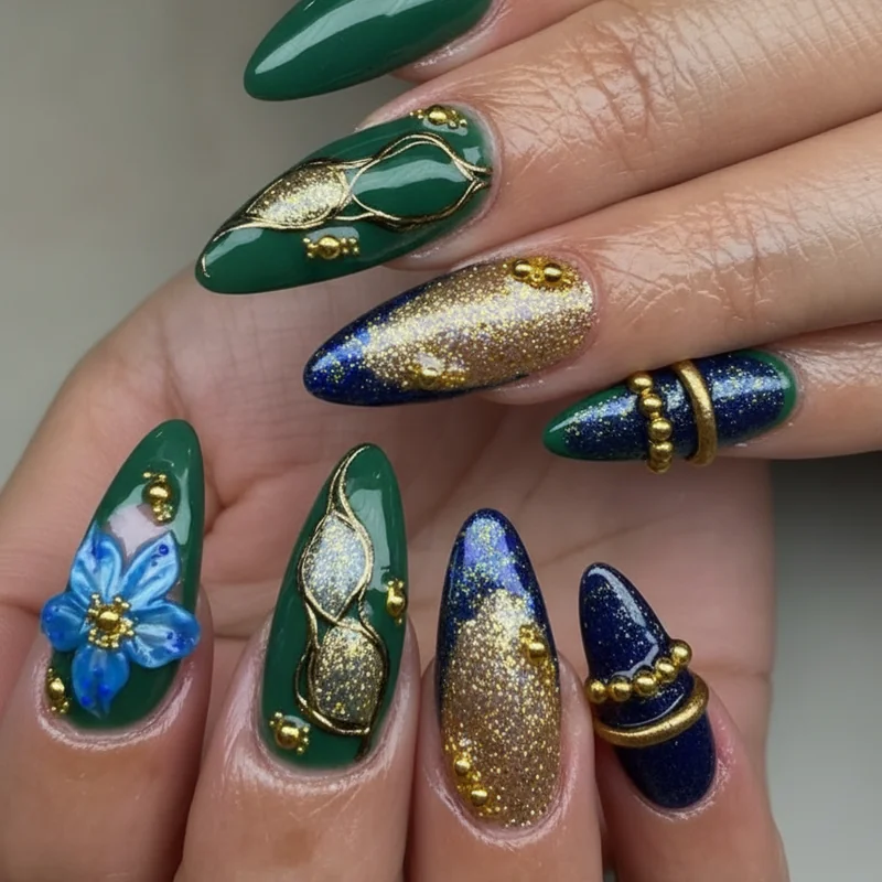 Green nails colour pairing guide 2026 showing gold jewellery neutral outfits and navy combinations that complement green manicures