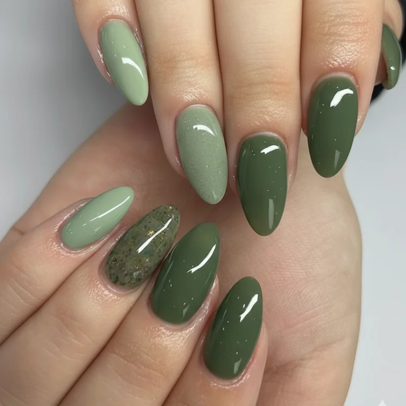 Spring green nails 2026 featuring pistachio sage and matcha shades on short oval nails with glossy finish for fresh botanical look