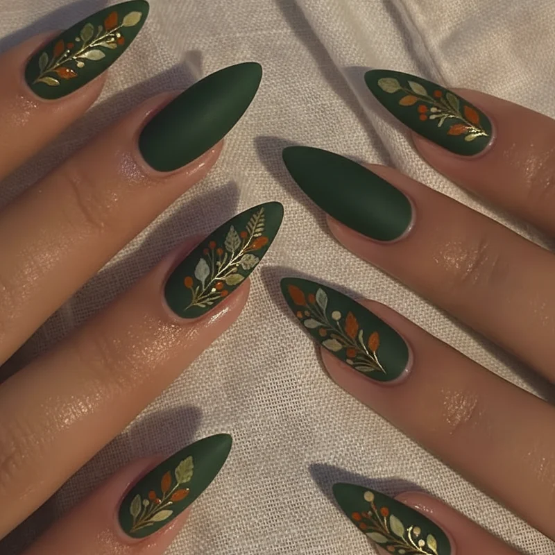 Winter green nails 2026 featuring emerald and dark jade with chrome finish for holiday jewel tone festive manicure ideas