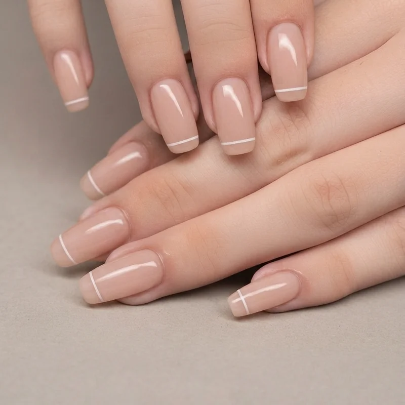 Sporty nail art detail with a subtle, minimal design on a squoval or round shape, built to hold up under real grip pressure