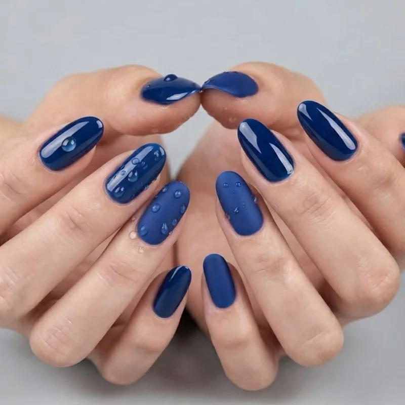 Durable gel manicure in a natural coffin shape built for daily swimmers and active chlorine exposure