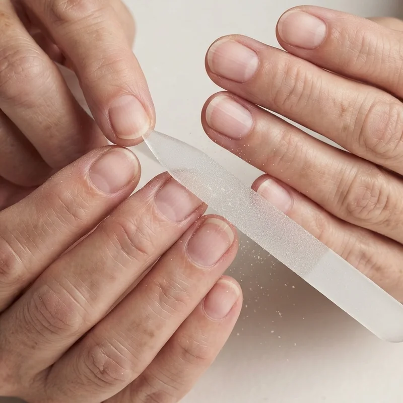 Weekly nail care for mature hands showing glass nail file being used to shape short nails in clean simple editorial styling