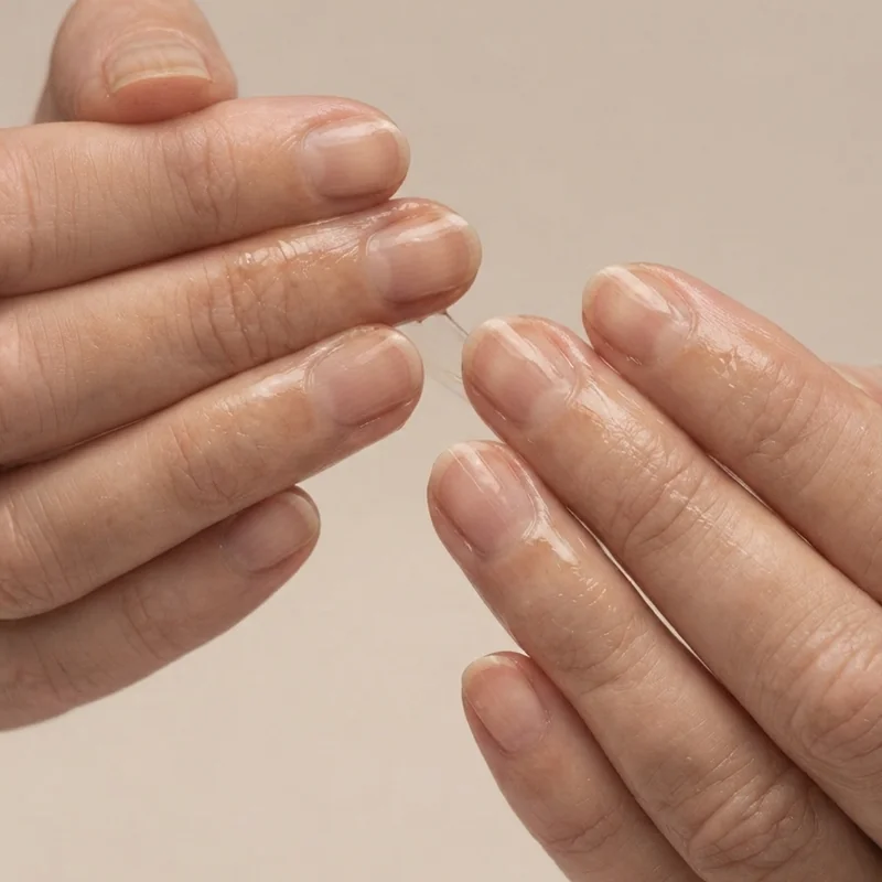 Daily nail care routine for mature hands showing cuticle oil being massaged into aging nails in a warm home lifestyle setting