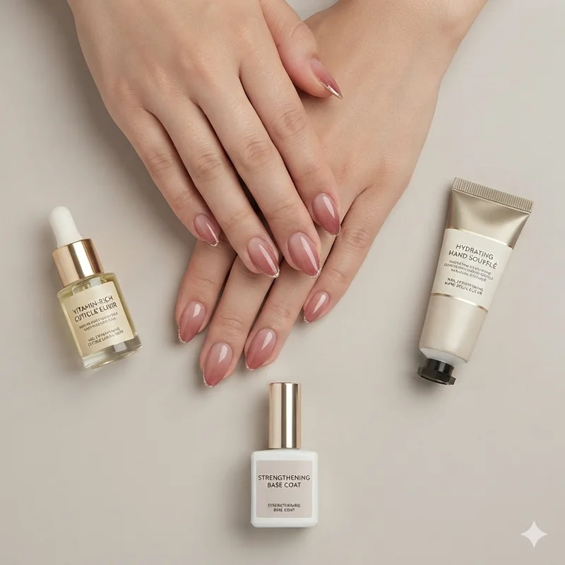 Best nail care products for mature hands flat lay showing cuticle oil hand cream and base coat styled elegantly on neutral surface