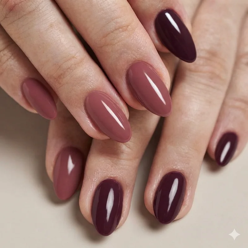 Flattering burgundy alternative for mature hands 2026  soft claret gel nail versus deep plum, showing how a muted tone reduces contrast against mature skin