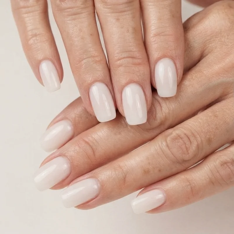 Milky white sheer cream nails 2026 close-up on mature hands  gel formula with high-gloss finish, squoval shape, universally flattering result