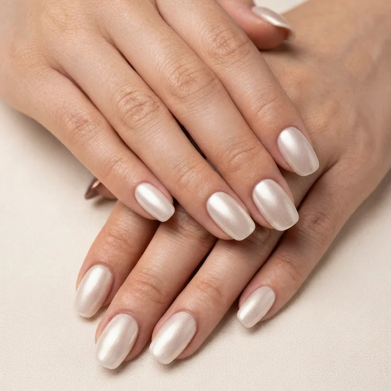 Pearl chrome and soft neutral chrome on squoval nails 2026  champagne powder overlay on milky base, refined metallic finish flattering on mature hands