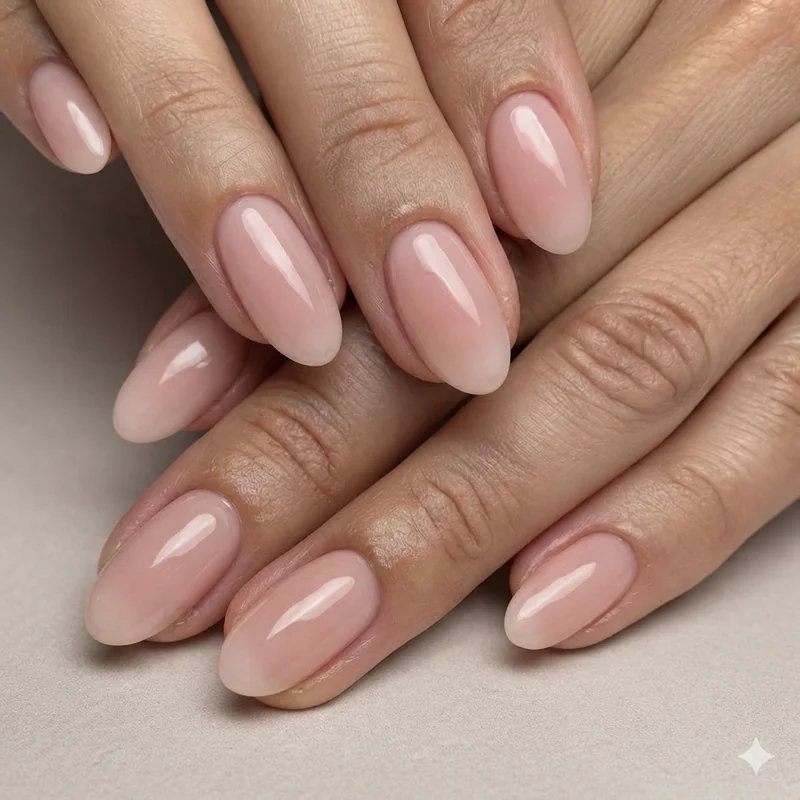 Quiet luxury manicure 2026: sheer glazed pink on short almond nails  editorial-quality finish ideal for mature hands with visible elegance