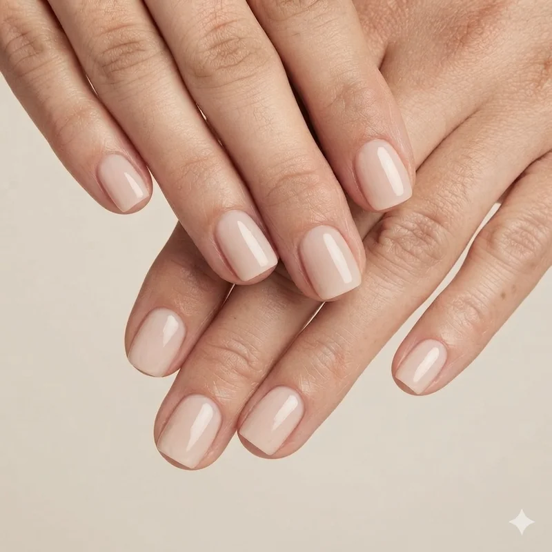 Short squoval nails in milky nude gel polish  the 2026 shape and finish combination most flattering for mature hands and all skin tones