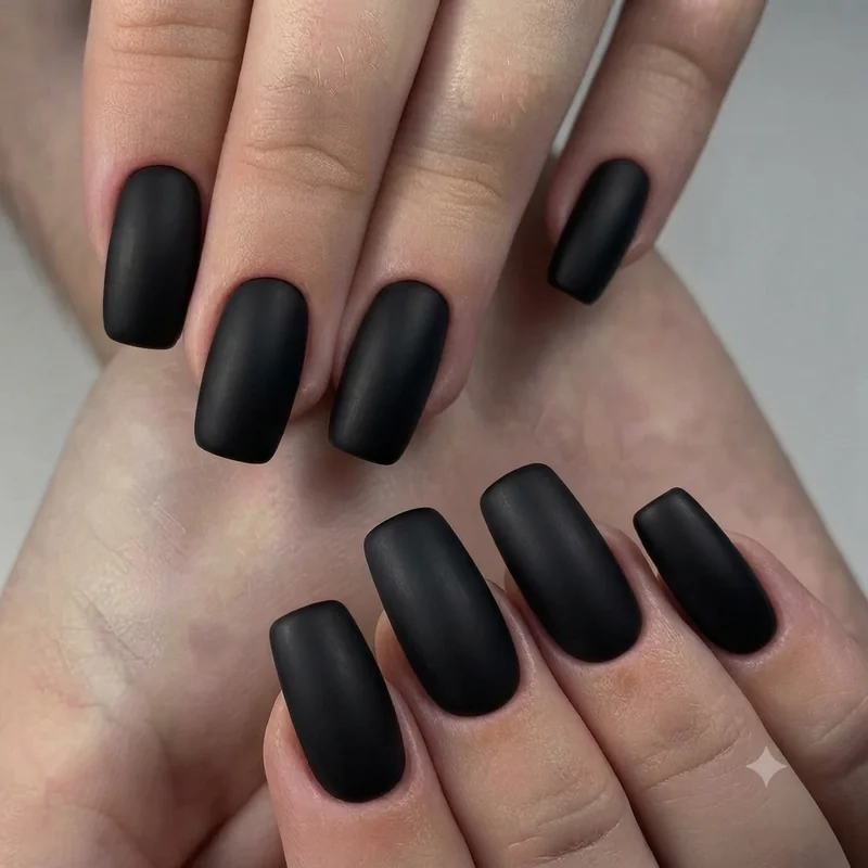 Clean matte black squoval nail close up establishing masc nail aesthetic