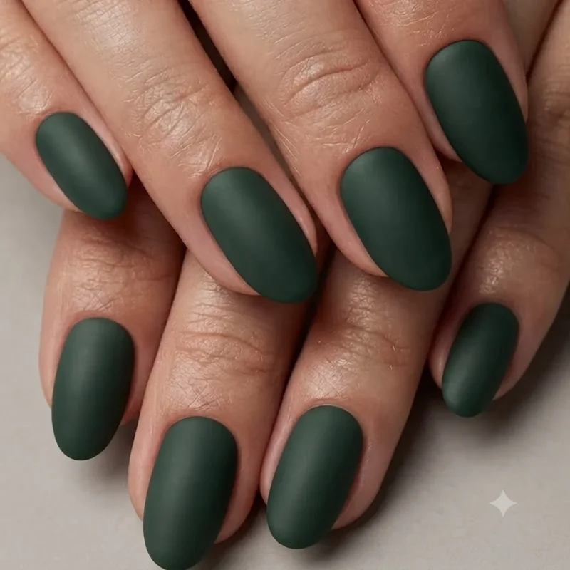 Stud nails dark forest green matte finish full set masc nail colour palette