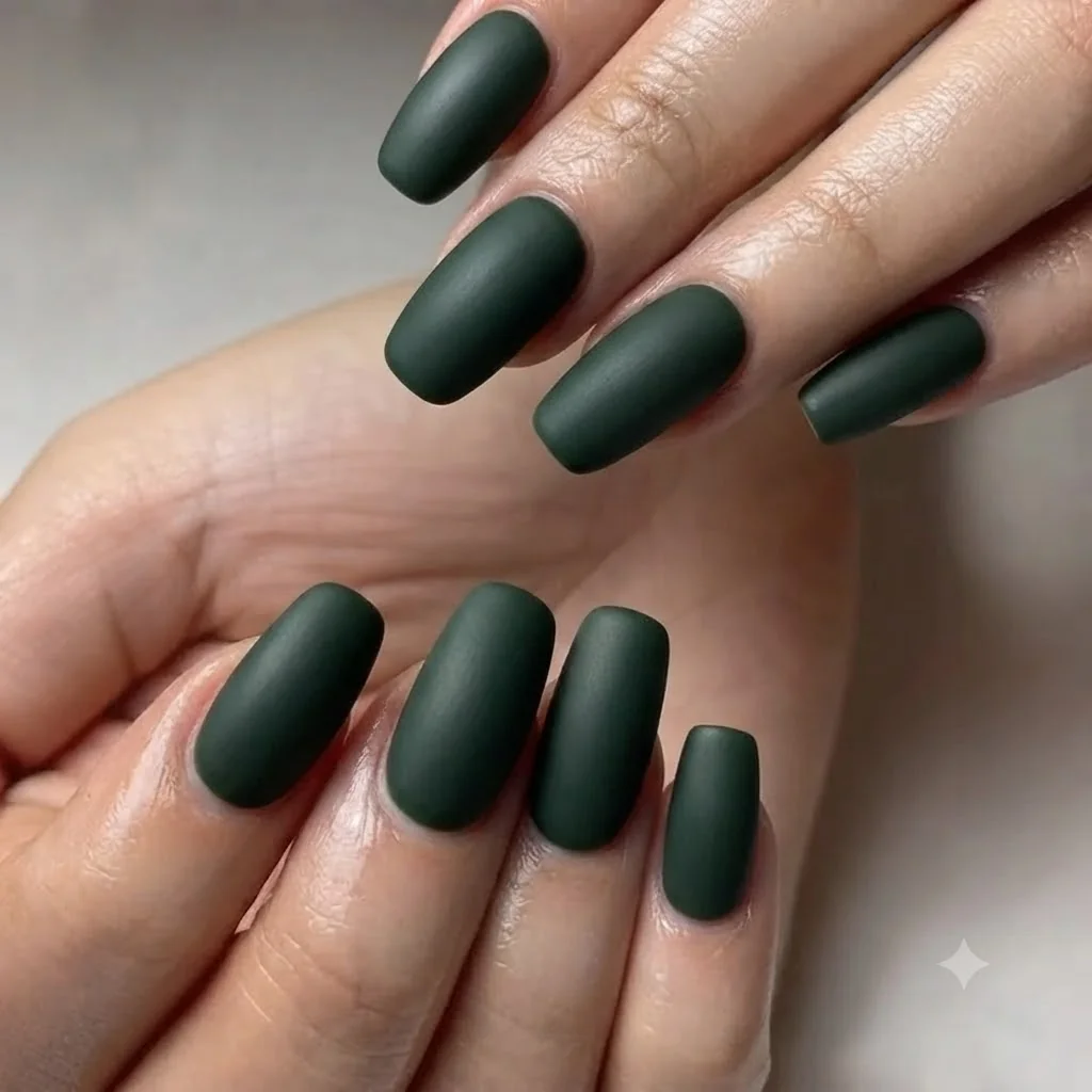 Nails for studs matte forest green squoval manicure shot against a plain backdrop