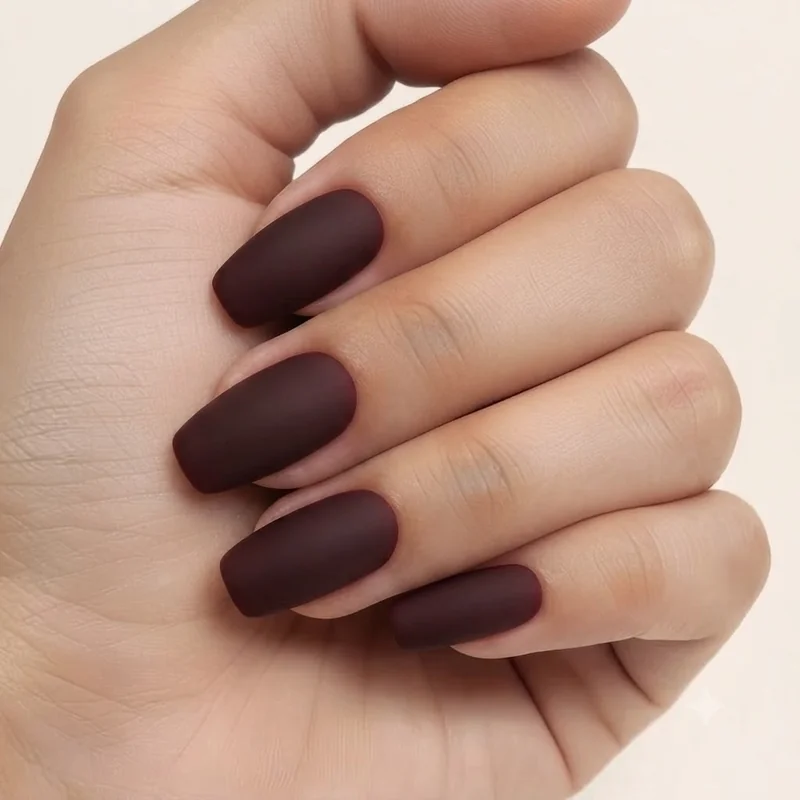 Masc nail designs near black burgundy matte set on squoval shape nails