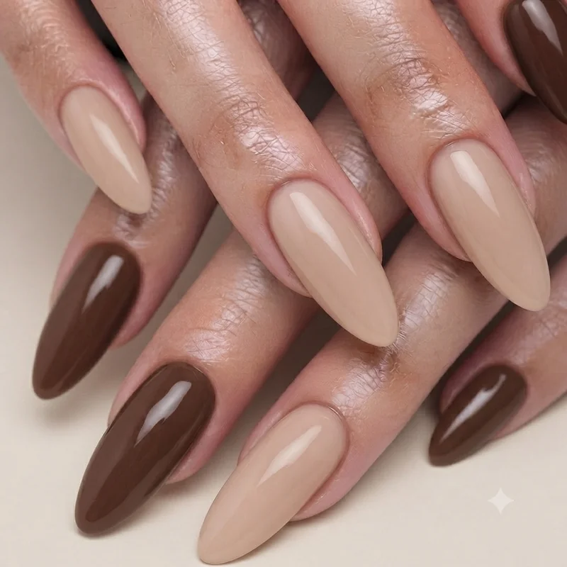 Neutral nude and chocolate brown manicure demonstrating chip-concealing nail colour choice