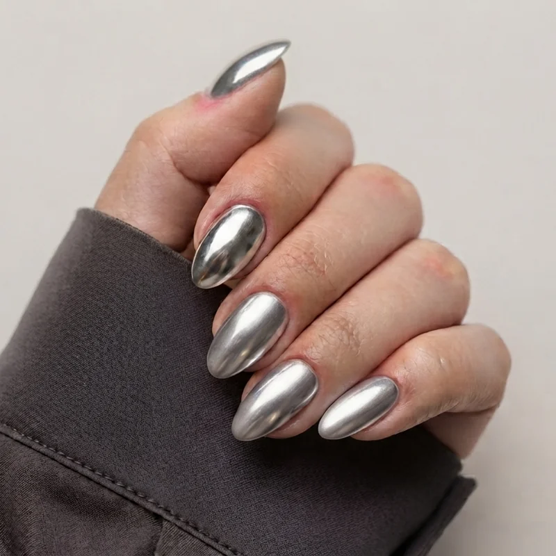 Glossy red gel manicure close-up holding a drink under warm New Year
