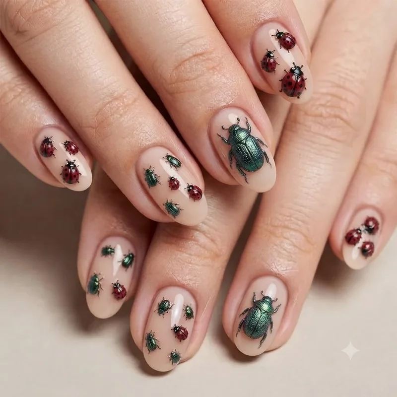 Close up detail shot of 3D ladybug and beetle hand painted nail art, raised gel finish on a nude concert base look