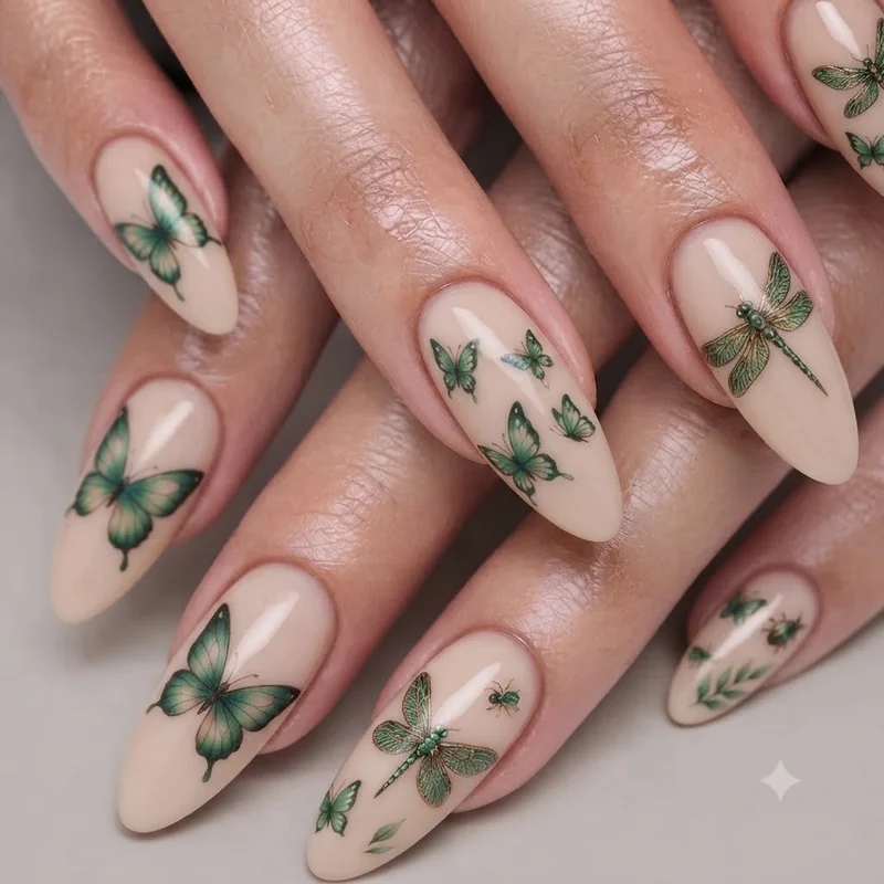 Dragonfly and butterfly bug motif nail art set in forest green and nude palette, a nature themed concert manicure
