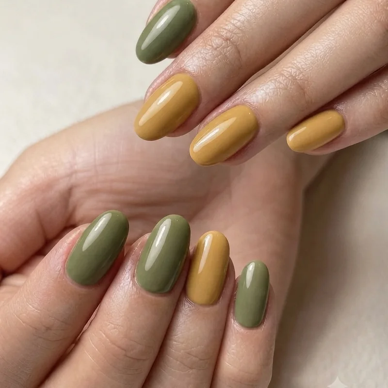 Moss green and honey yellow solid earthy tone manicure with no bug motifs, a full folk girl era colour palette look