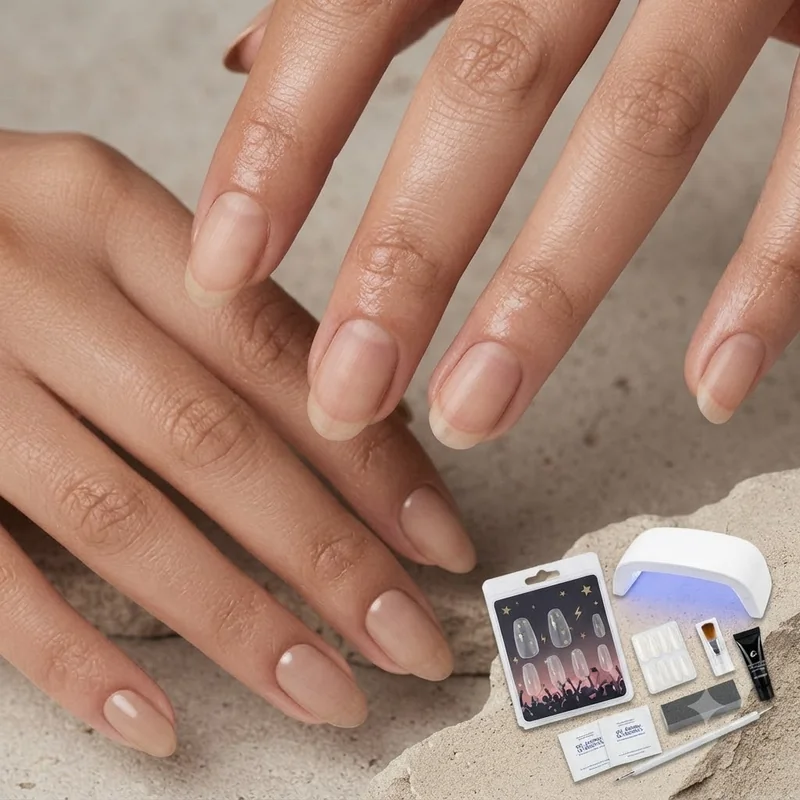 Reusable Gel-X press on nail set displayed alongside application tools, a styled flatlay for DIY concert nails