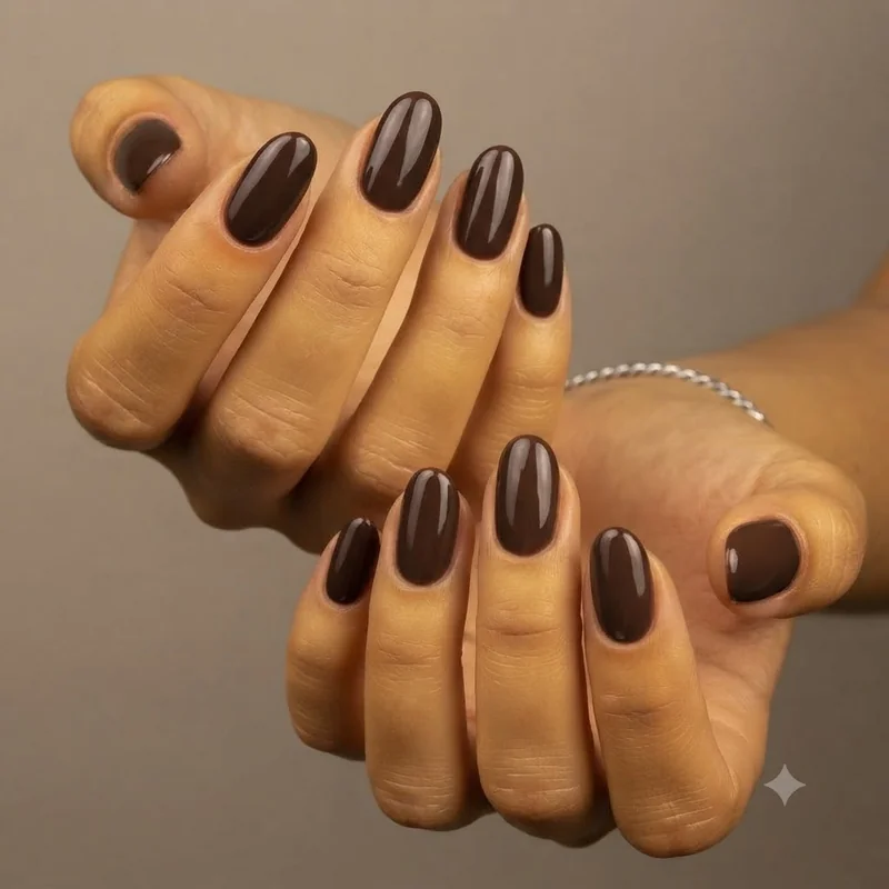 Chocolate brown nail polish for medium tan skin: espresso-toned short manicure on a golden tan hand, warm neutral backdrop