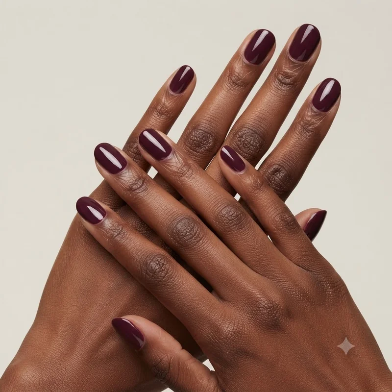 Plum burgundy nail polish for deep skin tones: high-gloss manicure on a deep brown hand catching soft light, plain backdrop