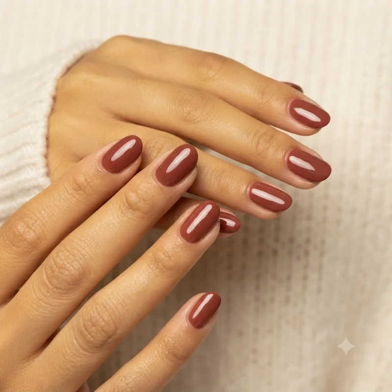 Warm brick burgundy nail polish for warm undertones: a single glossy manicure on a golden hand, cream knit sweater behind