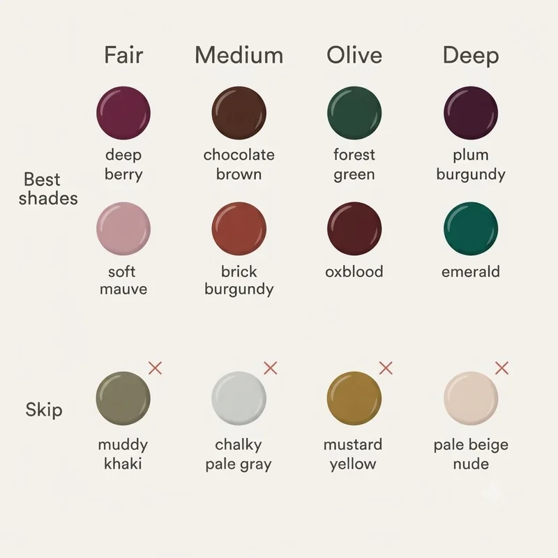 Skin tone matrix infographic with the best November nail polish shades and one shade to skip for fair, medium, olive and deep