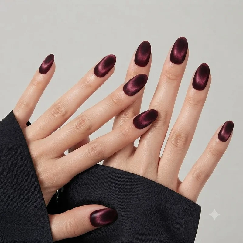 Black cherry velvet gel nails with a soft diffused glow, one of the finishes that make a november manicure look expensive