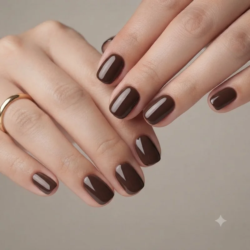 Espresso brown manicure on short oval nails with a glossy finish, a dark november nail idea to screenshot for your nail tech