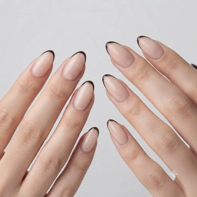 Espresso micro French tip on a milky nude base, a thin hairline november nail design that reads quiet, soft, and office-ready
