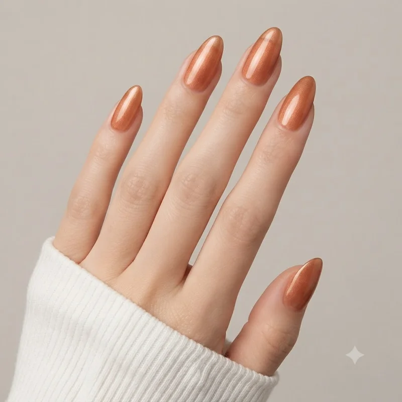 Glazed copper shimmer gel nails with a warm metallic finish, a party-season manicure that carries from november into december