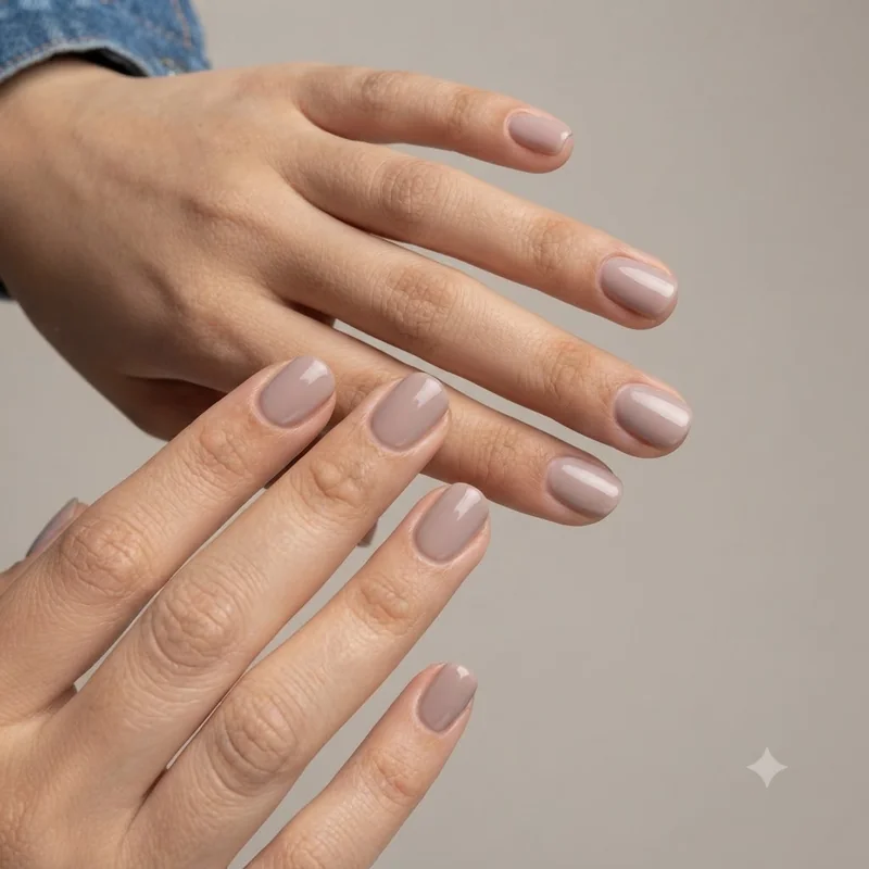 Milky mauve neutral gel manicure on short nails with a soft gloss, a minimalist cozy-core nail idea for late fall evenings