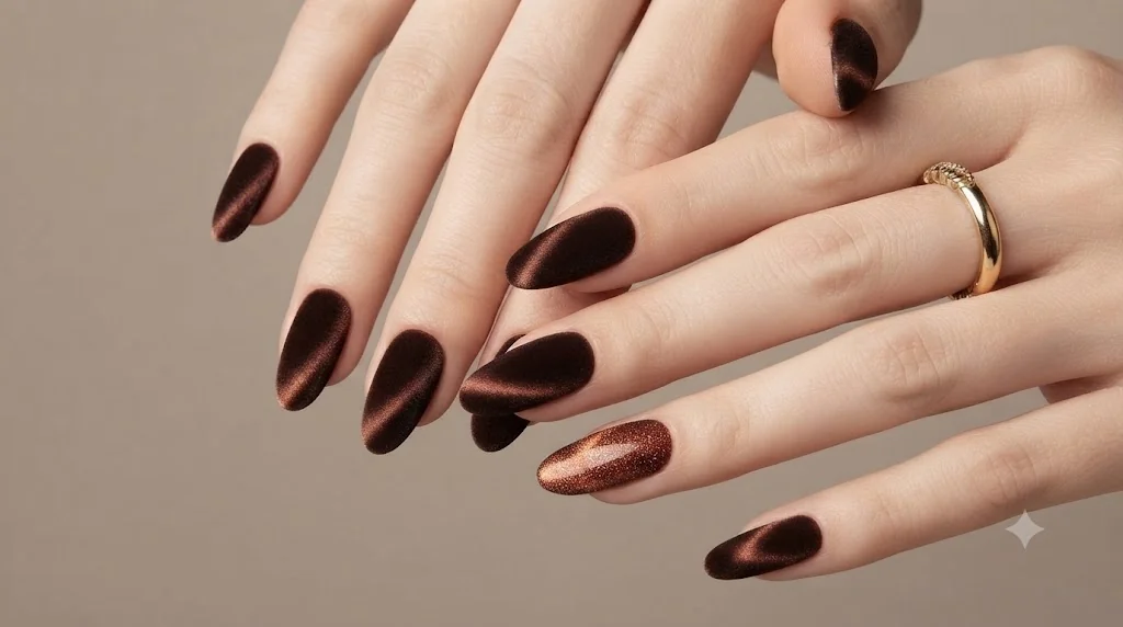 November nails in deep espresso velvet with a burnt copper accent nail, shown as a wear-into-December manicure idea for 2026