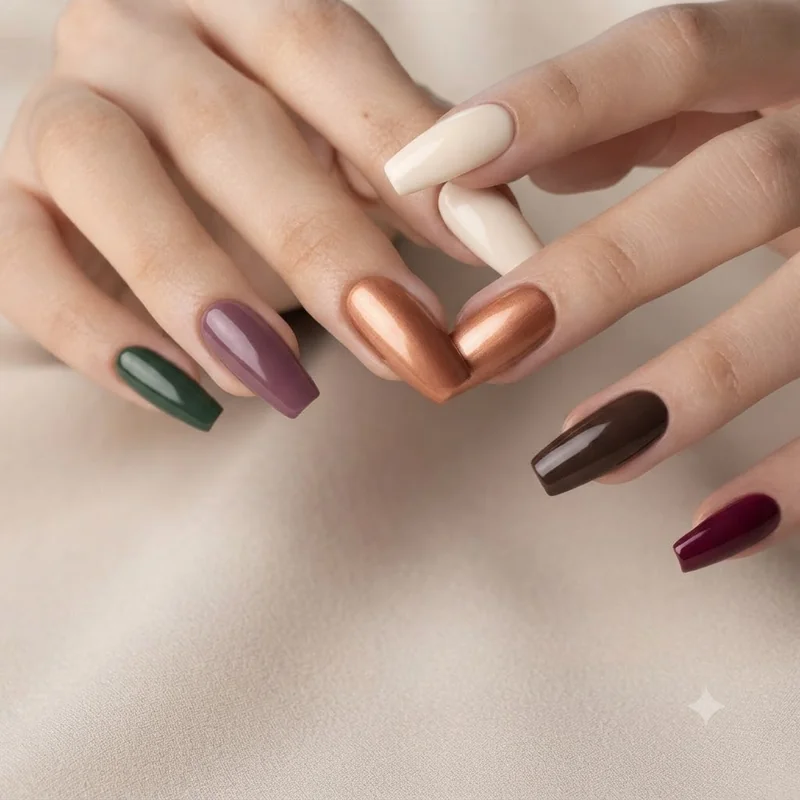 Skittle set with forest green, plum, copper, espresso, and black cherry nails in one cream finish, a mixed color manicure
