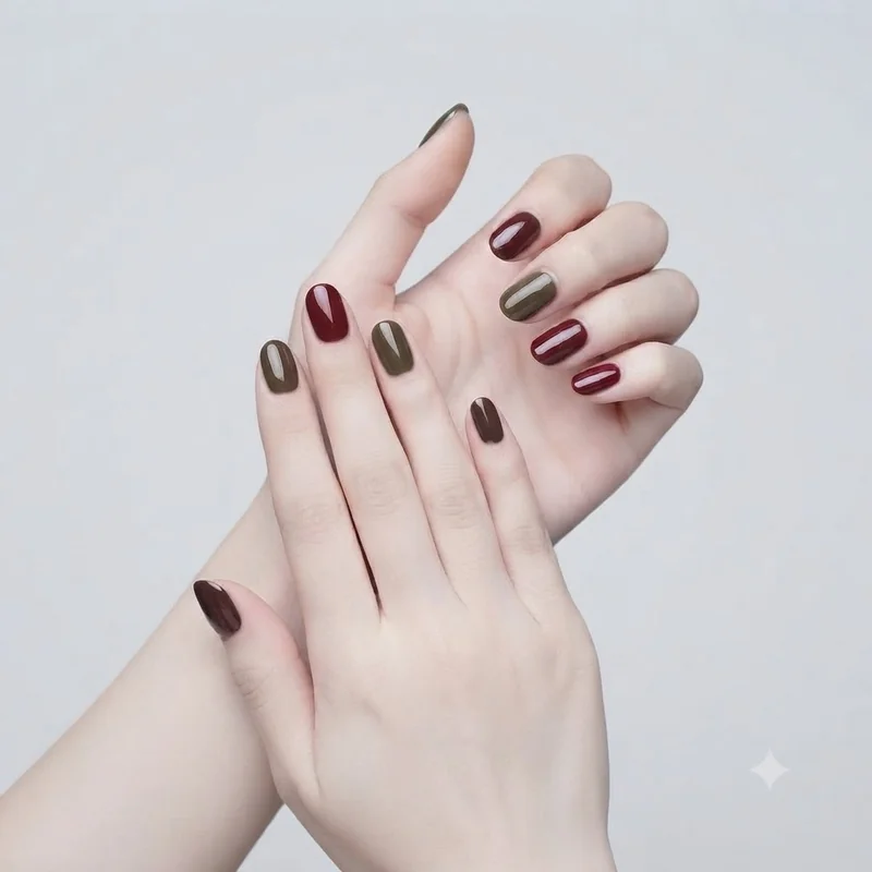 Glossy espresso, oxblood, and smoked olive cream polish on short squoval nails with a clean hairline gap at the cuticle line