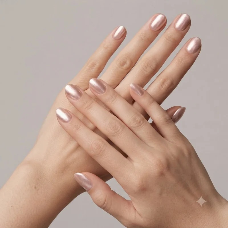 Champagne-pink shimmer velvet finish over a milky base on short nails, a festive holiday manicure with no Christmas motifs