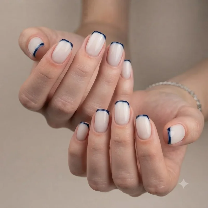 Micro French tip in deep navy over a sheer milky base on short squoval nails, with a hairline tip band tracing the free edge