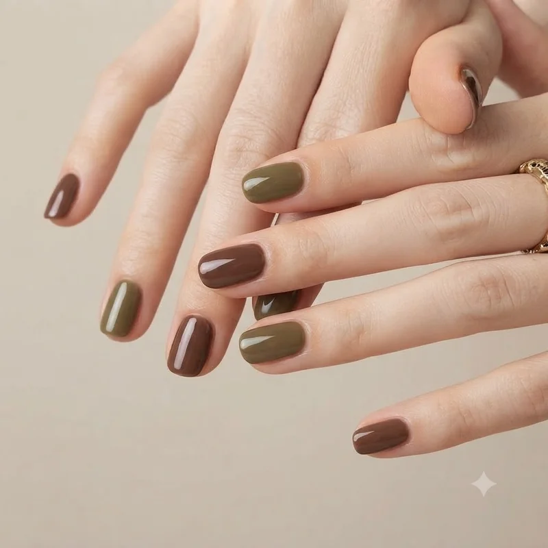 Short nails in chocolate brown and smoked olive with a fresh glossy top coat, an autumn manicure carried into November wear