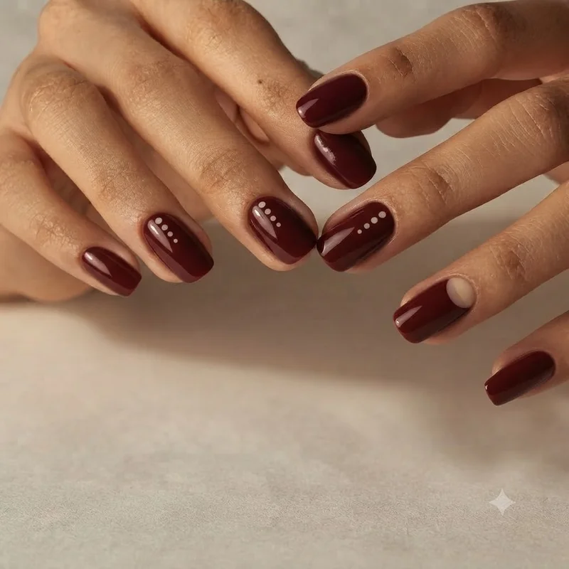 Short polka dot nail art with three tiny dots and a sheer cream half-moon accent nail over a deep oxblood cream base polish