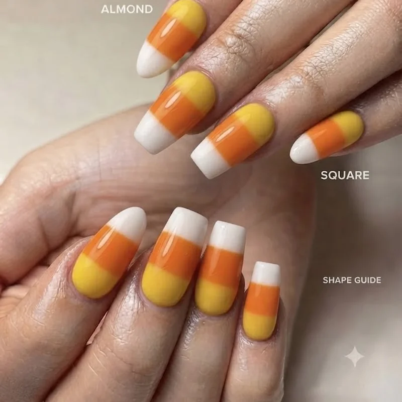 Infographic guide pairing candy corn nail techniques with the best matching nail shapes for beginners