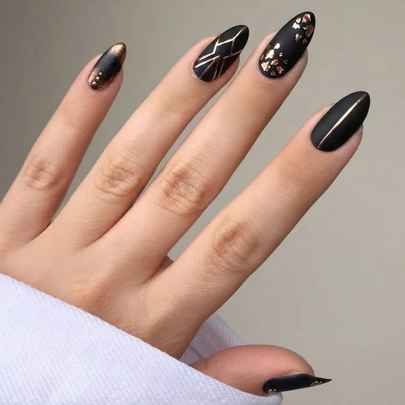 Bronze chrome milestone birthday manicure over matte black base for October 30th 40th