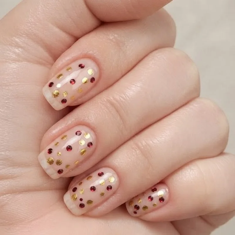 Gold and burgundy dot confetti DIY short nail birthday accent design for October