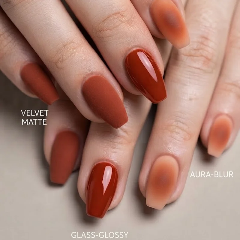 Comparison infographic of velvet matte glass and aura 2.0 nail finishes for october trends