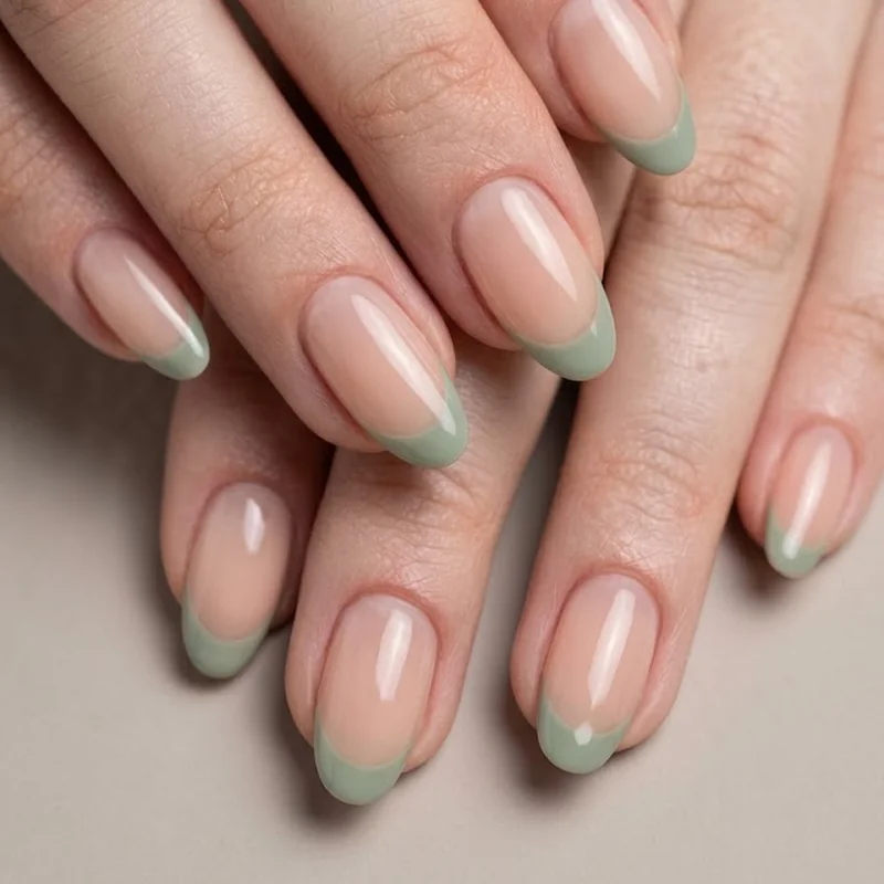 Colored oval french tip nails in lavender sage and rose tones on nude base